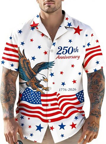 4th of July Hawaiian Shirts for Men America Flag Button Down T-Shirts 250th Anniversary USA Shirt Patriotic Tops in Kuwait