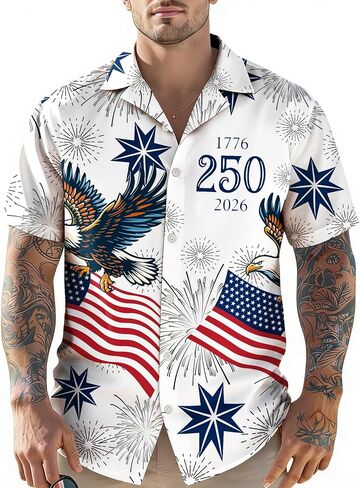 4th of July Hawaiian Shirts for Men America Flag Button Down T-Shirts 250th Anniversary USA Shirt Patriotic Tops in Kuwait