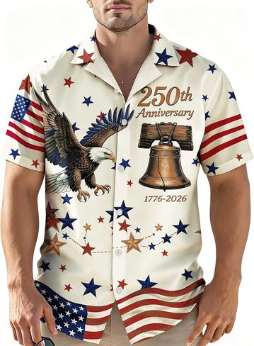 4th of July Hawaiian Shirts for Men America Flag Button Down T-Shirts 250th Anniversary USA Shirt Patriotic Tops in Kuwait