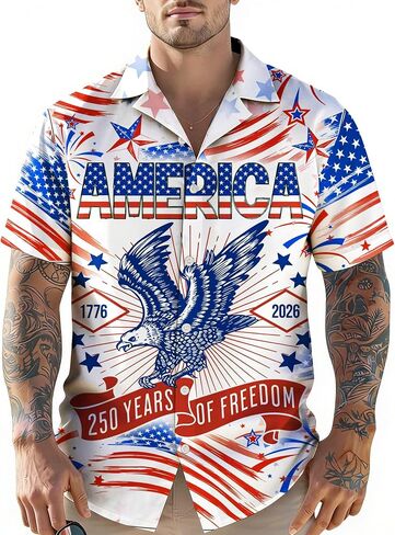 4th of July Hawaiian Shirts for Men America Flag Button Down T-Shirts 250th Anniversary USA Shirt Patriotic Tops in Kuwait