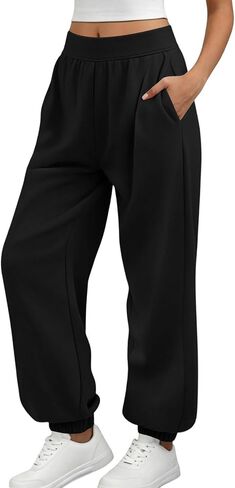 Womens Sweatpants High Waist Casual Elastic Waist Long Pants Solid Loose Athletic Sweatpants with Pocket Fall Clothes in Kuwait