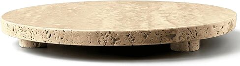 Beige Travertine Marble Riser - Round Pedestal Marble Trivet Vanity Tray with 3 Feet, Minimalist Stone Display Stand for Bathroom Counter, Kitchen, Perfume, Jewelry & Scented Candles (Middle) in Saudi Arabia