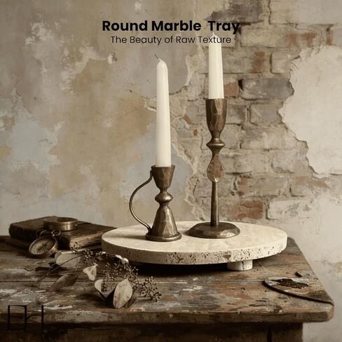 Beige Travertine Marble Riser - Round Pedestal Marble Trivet Vanity Tray with 3 Feet, Minimalist Stone Display Stand for Bathroom Counter, Kitchen, Perfume, Jewelry & Scented Candles (Middle) in Saudi Arabia