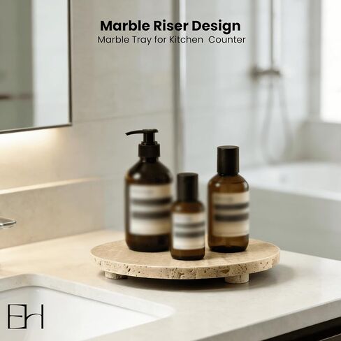 Beige Travertine Marble Riser - Round Pedestal Marble Trivet Vanity Tray with 3 Feet, Minimalist Stone Display Stand for Bathroom Counter, Kitchen, Perfume, Jewelry & Scented Candles (Middle) in Saudi Arabia