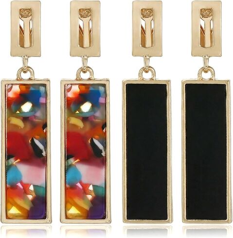 2 Pairs Clip on Dangle Earrings for Women - Geometric Rectangular Non Pierced Earrings Vintage Resin Clip On Earring Gold Lightweight Comfortable Earring Set No Piercing Needed in Kuwait