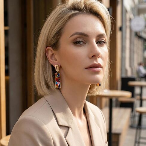 2 Pairs Clip on Dangle Earrings for Women - Geometric Rectangular Non Pierced Earrings Vintage Resin Clip On Earring Gold Lightweight Comfortable Earring Set No Piercing Needed in Kuwait