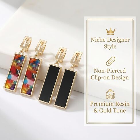 2 Pairs Clip on Dangle Earrings for Women - Geometric Rectangular Non Pierced Earrings Vintage Resin Clip On Earring Gold Lightweight Comfortable Earring Set No Piercing Needed in Kuwait