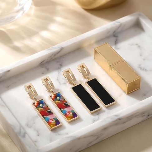 2 Pairs Clip on Dangle Earrings for Women - Geometric Rectangular Non Pierced Earrings Vintage Resin Clip On Earring Gold Lightweight Comfortable Earring Set No Piercing Needed in Kuwait
