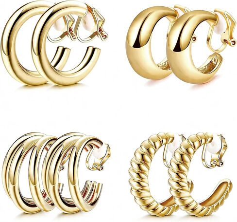 4 Pairs Gold Clip On Earrings, Non-Pierced Lightweight Hoops for Women, Comfortable for Daily & Party Wear in Saudi Arabia