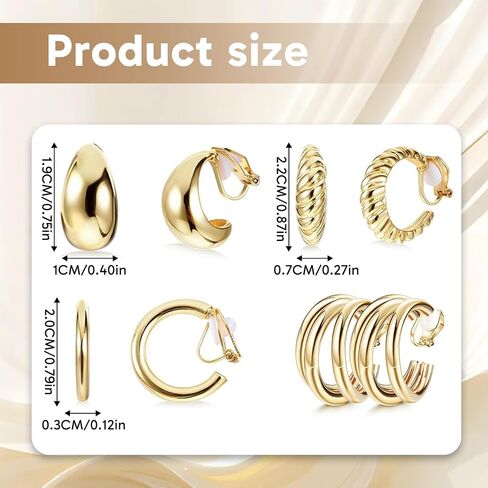 4 Pairs Gold Clip On Earrings, Non-Pierced Lightweight Hoops for Women, Comfortable for Daily & Party Wear in Saudi Arabia