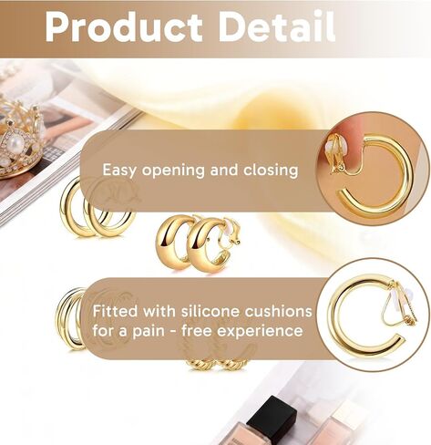 4 Pairs Gold Clip On Earrings, Non-Pierced Lightweight Hoops for Women, Comfortable for Daily & Party Wear in Saudi Arabia