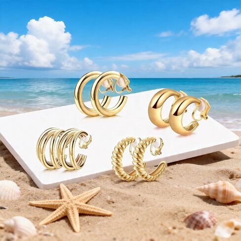 4 Pairs Gold Clip On Earrings, Non-Pierced Lightweight Hoops for Women, Comfortable for Daily & Party Wear in Saudi Arabia