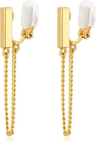 Gold Clip on Earrings for Women Dainty Bar Chain Drop Dangle Clip ons Minimalist Geometric Stud Ear Clips 14K Gold Plated No Piercing Jewelry Gifts in Kuwait
