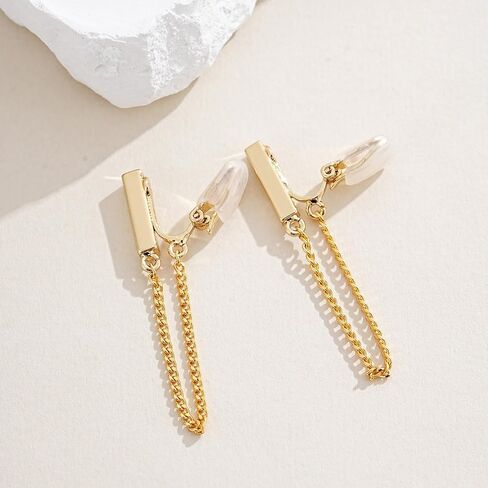 Gold Clip on Earrings for Women Dainty Bar Chain Drop Dangle Clip ons Minimalist Geometric Stud Ear Clips 14K Gold Plated No Piercing Jewelry Gifts in Kuwait