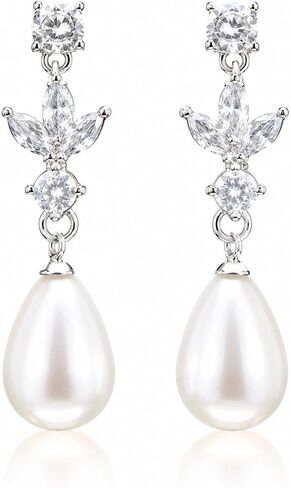 Pearl Dangle Clip On Earrings for Women - 14K Gold Silver Plated Cubic Zirconia Pearl Drop Earrings Trendy Long Non Pierced Bridal Earrings Fashion Jewelry Gifts in Saudi Arabia