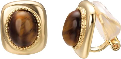Yoursfs Brown Tiger Eye Clip on Earrings for Women Trendy Small Clip on Earrings Women 18K Gold Plated Non Pierced Jewelry in Kuwait