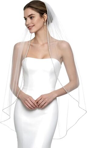 Wedding Veil Pearls and Crystals Beaded Edge 1 Tier Fingertip Length Bridal Veil with Comb in Saudi Arabia