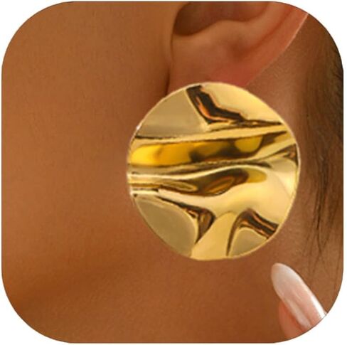 Round Textured Disc Drop Clip On Earrings Women - Gold/Silver Plated Chunky Statement Studs Earrings Clips for Non-Pierced Ears,30mm in Saudi Arabia