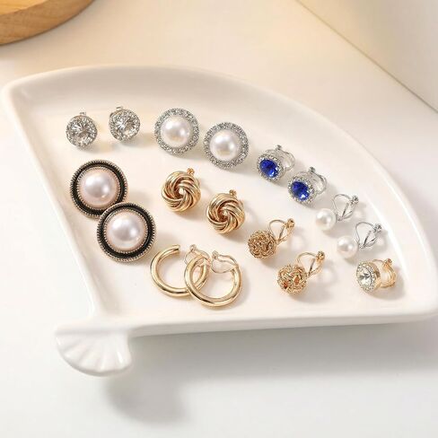 10 Pairs Silver Gold Clip On Earrings for Women - Non Piercing Clip Earrings For Party Wedding - Non Pierced Clips On Gold Hoop Earring Fake Jewelry Set in Saudi Arabia