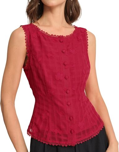 RIHOAS Women's Brown Plaid Sleeveless Button Down Blouse - Lace Trim Fitted Waist Business Casual Work Tops for Spring Summer in Kuwait