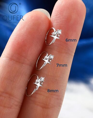 OUFER 20G Star Nose Rings Hoops 925 Sterling Silver CZ Twist Nose Piercing Jewelry 6mm/7mm/8mm Silver/Gold Hypoallergenic Daith Helix Rook Tragus Piercing Jewelry for Women in Kuwait