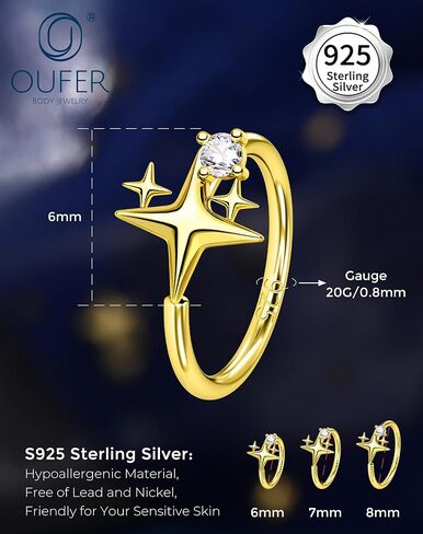 OUFER 20G Star Nose Rings Hoops 925 Sterling Silver CZ Twist Nose Piercing Jewelry 6mm/7mm/8mm Silver/Gold Hypoallergenic Daith Helix Rook Tragus Piercing Jewelry for Women in Kuwait