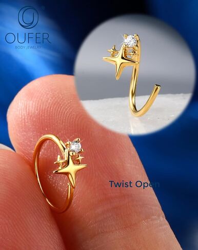OUFER 20G Star Nose Rings Hoops 925 Sterling Silver CZ Twist Nose Piercing Jewelry 6mm/7mm/8mm Silver/Gold Hypoallergenic Daith Helix Rook Tragus Piercing Jewelry for Women in Kuwait