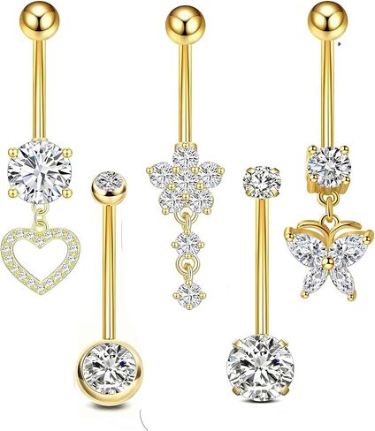 5pcs Long and Extra Long Gold Belly Button Ring for Women 14G Dangle Silver Navel Piercing Jewelry Set Hypoallergenic Surgical Stainless Steel 14mm 12mm 14 Gauge Belly Rings with CZ Butterfly Flower Dangly Navel Ring for Beach Festival Daily in Kuwait