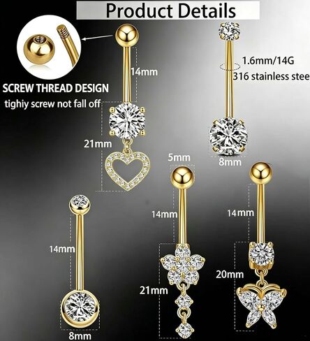 5pcs Long and Extra Long Gold Belly Button Ring for Women 14G Dangle Silver Navel Piercing Jewelry Set Hypoallergenic Surgical Stainless Steel 14mm 12mm 14 Gauge Belly Rings with CZ Butterfly Flower Dangly Navel Ring for Beach Festival Daily in Kuwait