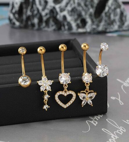 5pcs Long and Extra Long Gold Belly Button Ring for Women 14G Dangle Silver Navel Piercing Jewelry Set Hypoallergenic Surgical Stainless Steel 14mm 12mm 14 Gauge Belly Rings with CZ Butterfly Flower Dangly Navel Ring for Beach Festival Daily in Kuwait
