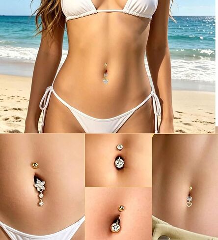 5pcs Long and Extra Long Gold Belly Button Ring for Women 14G Dangle Silver Navel Piercing Jewelry Set Hypoallergenic Surgical Stainless Steel 14mm 12mm 14 Gauge Belly Rings with CZ Butterfly Flower Dangly Navel Ring for Beach Festival Daily in Kuwait