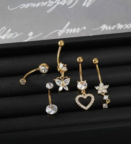 5pcs Long and Extra Long Gold Belly Button Ring for Women 14G Dangle Silver Navel Piercing Jewelry Set Hypoallergenic Surgical Stainless Steel 14mm 12mm 14 Gauge Belly Rings with CZ Butterfly Flower Dangly Navel Ring for Beach Festival Daily in Kuwait