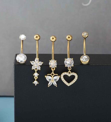 5pcs Long and Extra Long Gold Belly Button Ring for Women 14G Dangle Silver Navel Piercing Jewelry Set Hypoallergenic Surgical Stainless Steel 14mm 12mm 14 Gauge Belly Rings with CZ Butterfly Flower Dangly Navel Ring for Beach Festival Daily in Kuwait