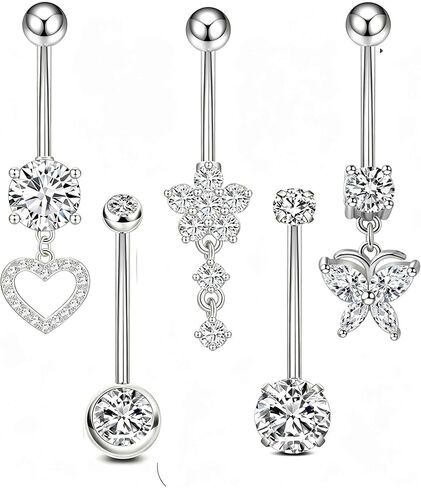 5pcs Long and Extra Long Gold Belly Button Ring for Women 14G Dangle Silver Navel Piercing Jewelry Set Hypoallergenic Surgical Stainless Steel 14mm 12mm 14 Gauge Belly Rings with CZ Butterfly Flower Dangly Navel Ring for Beach Festival Daily in Saudi Arabia