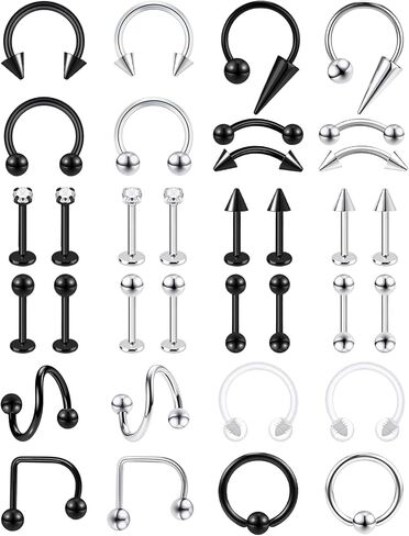 34Pcs 16G Lip Rings Stainless Steel Labret Jewelry Lip Barbell Spike Snake Bite Piercing Jewelry Horseshoe Septum Nose Ring Cartilage Tragus Helix Earrings Studs in Saudi Arabia