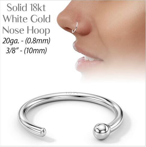 Body Candy 18k Solid White Gold Nose Hoop Nose Ring, Real Gold Hypoallergenic Nose Piercing Jewelry - Handmade in USA by Master Jeweler, 20 Gauge 3/8" in Kuwait