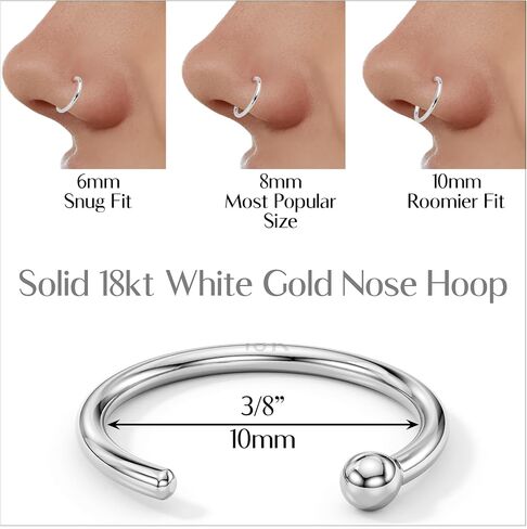 Body Candy 18k Solid White Gold Nose Hoop Nose Ring, Real Gold Hypoallergenic Nose Piercing Jewelry - Handmade in USA by Master Jeweler, 20 Gauge 3/8" in Kuwait