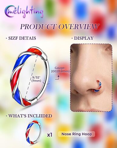 Melighting 20G Colorful Nose Ring Hoop, 7/8 mm Gold Nose Piercing Jewelry Stainless Steel 316L, Cute Hinged Segment Clicker Lobe Helix Cartilage Piercing for Women Daily Wear in Kuwait