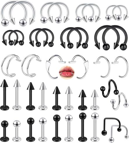 42PCS Lip Rings 16G Snake Bite Jewelry Labret Monroe Lip Barbell Ring Spike Nose Stud Spiral Piercing Vampire Fangs Lip Cuff Surgical Steel Helix Daith Tragus Jewelry for Women Men in Kuwait