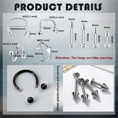 42PCS Lip Rings 16G Snake Bite Jewelry Labret Monroe Lip Barbell Ring Spike Nose Stud Spiral Piercing Vampire Fangs Lip Cuff Surgical Steel Helix Daith Tragus Jewelry for Women Men in Kuwait