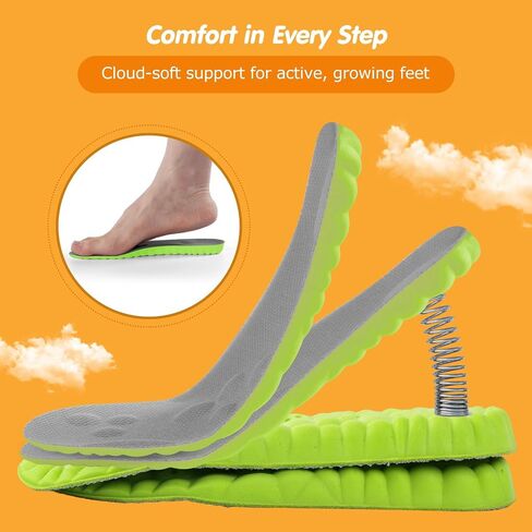 4D Cloud-Soft Comfort Insoles for Kids and Youth - Trim-to-Fit Insoles with Arch Support and Shock Absorption - Breathable Memory Foam Kids Shoe Inserts Designed for Growing Feet (US Youth 5Y - 6Y) in Kuwait