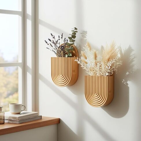 Wooden Wall Vase Set of 2, Bamboo Boho Wall Decor Planters Holder for Indoor Plants, for Entryway, Hallway, Bathroom, Living Room, Dining Room in Kuwait