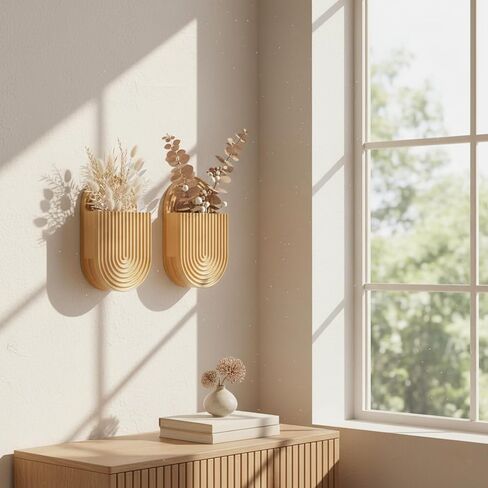 Wooden Wall Vase Set of 2, Bamboo Boho Wall Decor Planters Holder for Indoor Plants, for Entryway, Hallway, Bathroom, Living Room, Dining Room in Kuwait