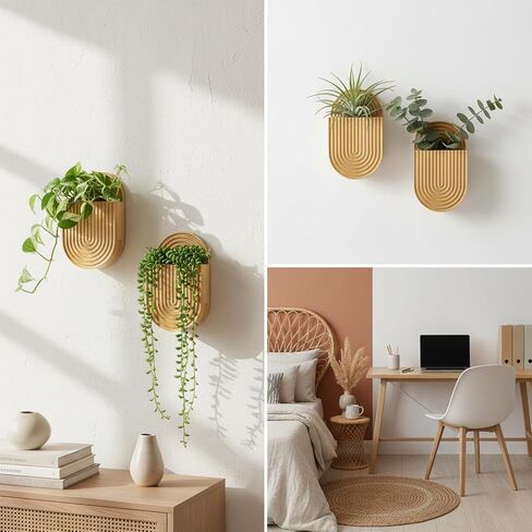 Wooden Wall Vase Set of 2, Bamboo Boho Wall Decor Planters Holder for Indoor Plants, for Entryway, Hallway, Bathroom, Living Room, Dining Room in Kuwait
