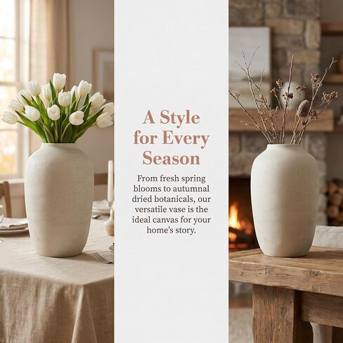 White Floor Vase, Large 20 Inch Tall Decorative Vase for Pampas Grass, Farmhouse Flower Vases, Rustic Vases Minimalist Home Decor for Living Room, Entry Way, Table, Weddings in Kuwait
