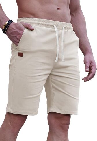 HUNGSON Mens Casual Shorts 9" Chino Cotton Shorts Summer Beach Drawstring Shorts with Pockets in Kuwait