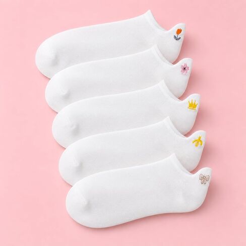 5 Pairs Women's Floral Embroidered Low Cut Ankle Socks - Summer Spring Fall Breathable Comfortable Butterfly Design Cute Casual Socks, White, Durable Machine Washable in Kuwait