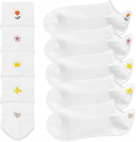 5 Pairs Women's Floral Embroidered Low Cut Ankle Socks - Summer Spring Fall Breathable Comfortable Butterfly Design Cute Casual Socks, White, Durable Machine Washable in Kuwait