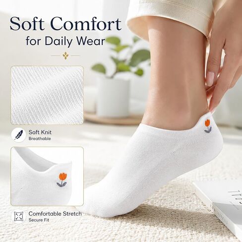 5 Pairs Women's Floral Embroidered Low Cut Ankle Socks - Summer Spring Fall Breathable Comfortable Butterfly Design Cute Casual Socks, White, Durable Machine Washable in Kuwait