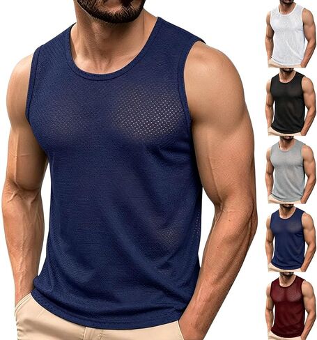 Men's Mesh Tank Tops Quick Dry See-Through Sleeveless Muscle Shirts Casual Basic Breathable Gym Workout Beach Tops in Kuwait